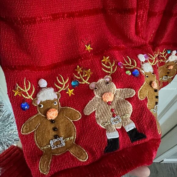 The Quaker Factory Christmas cardigan sweater Red Reindeer Large vintage 1990s - Picture 2 of 11